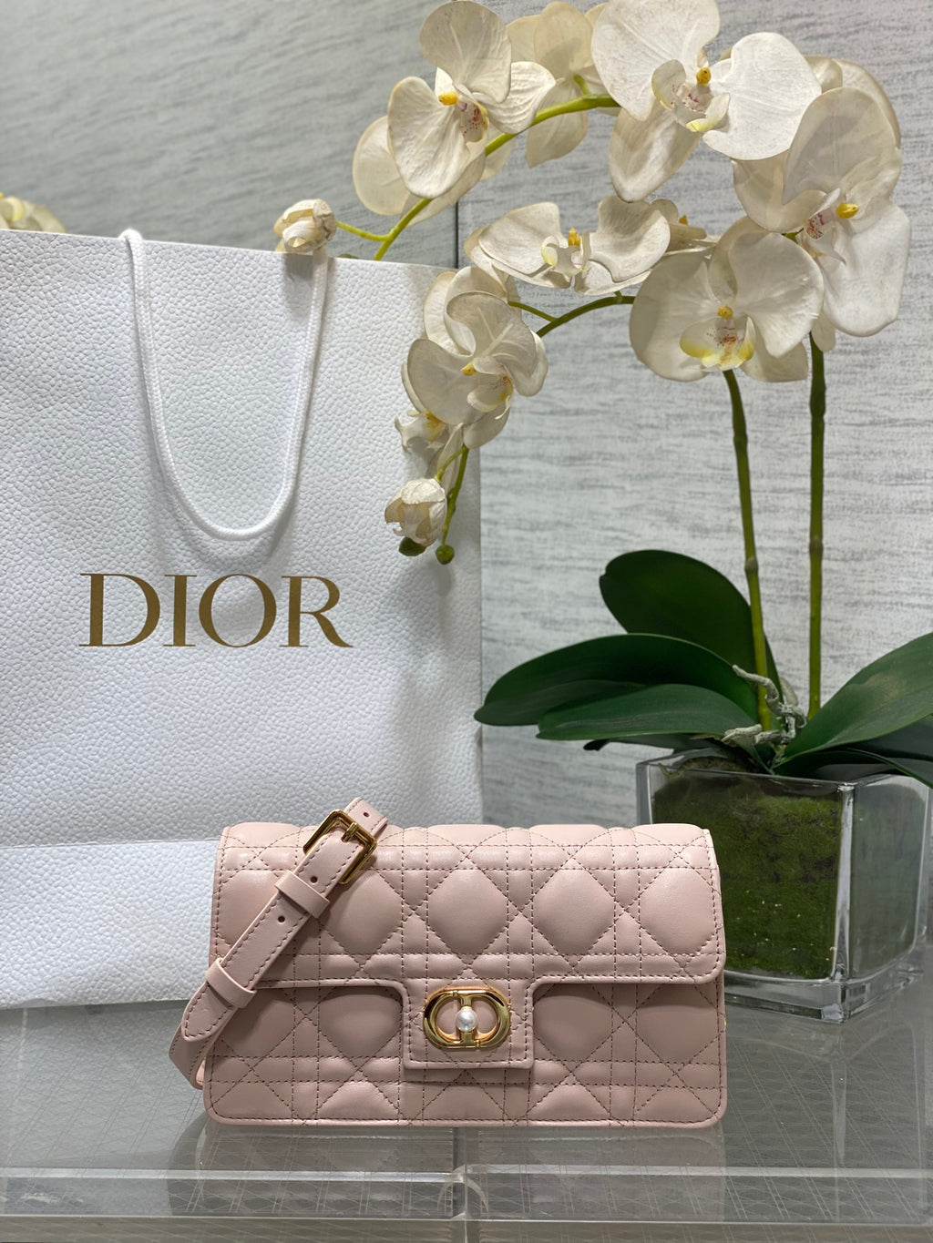 Dior Jolie Flap Bag Blush Pink Cannage Lambskin & Gold Pearl — New