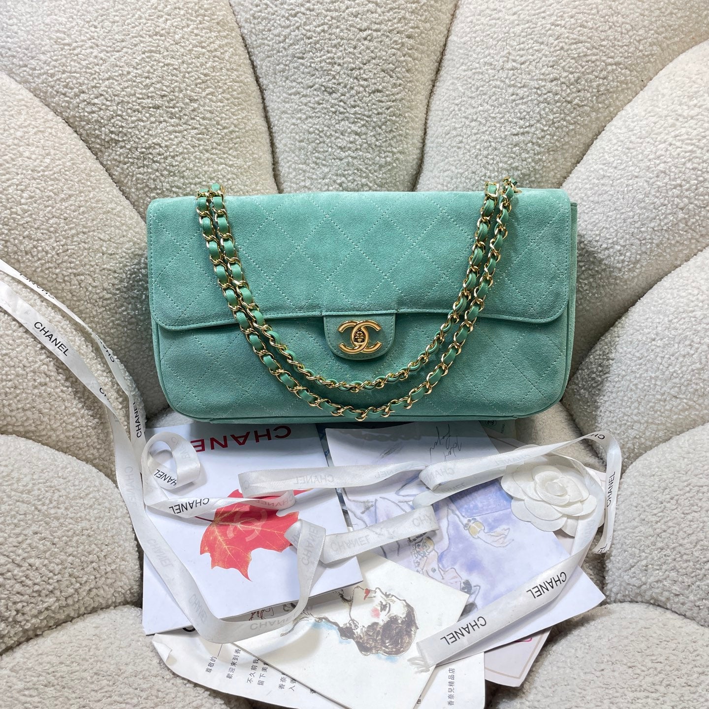Chanel 26S Classic Flap Bag Mint Green Suede & Gold