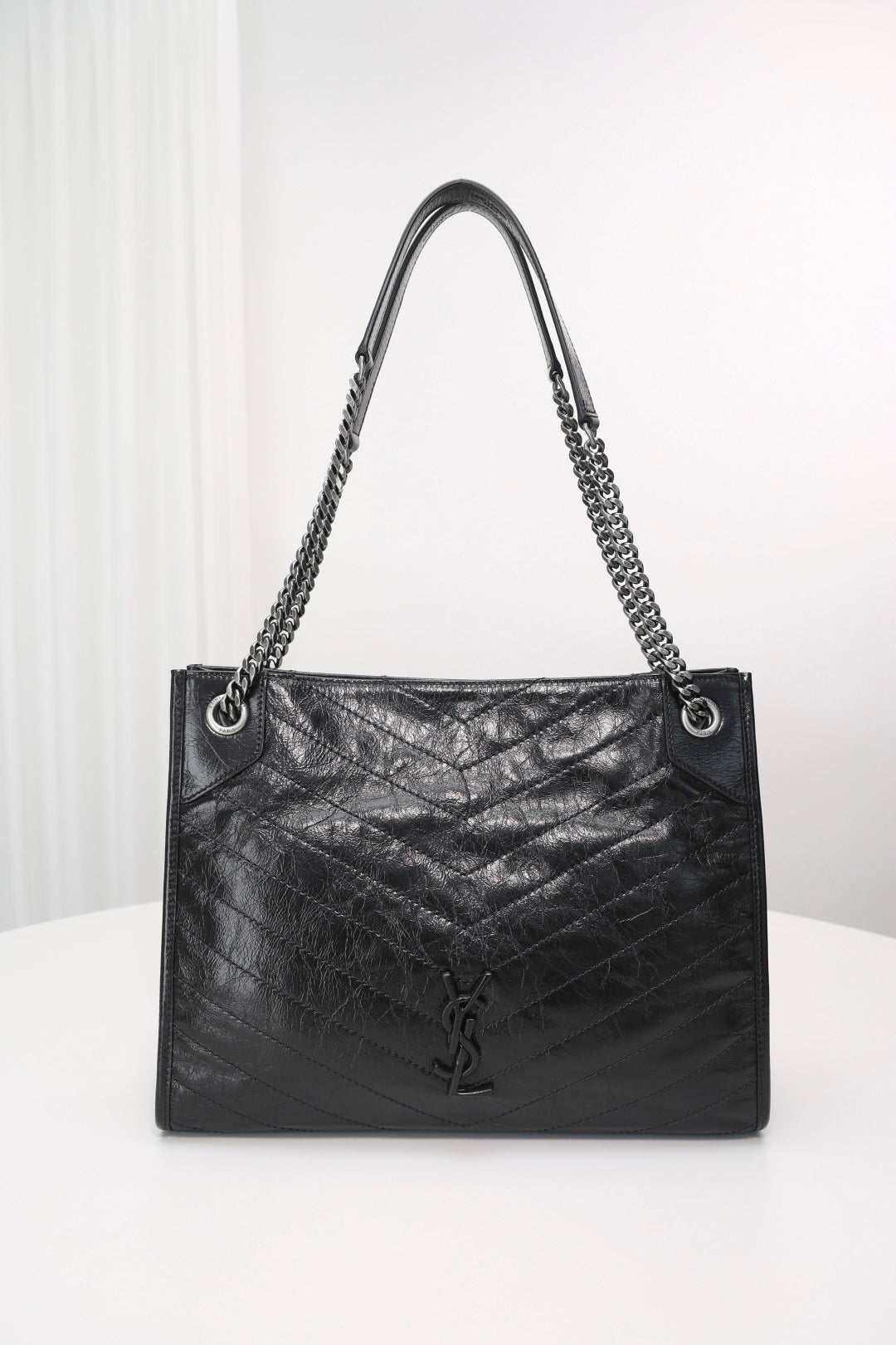 Saint Laurent Niki Shopping Bag — Black Crinkled Leather with Ruthenium Hardware