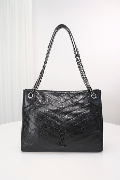 Saint Laurent Niki Shopping Bag — Black Crinkled Leather with Ruthenium Hardware