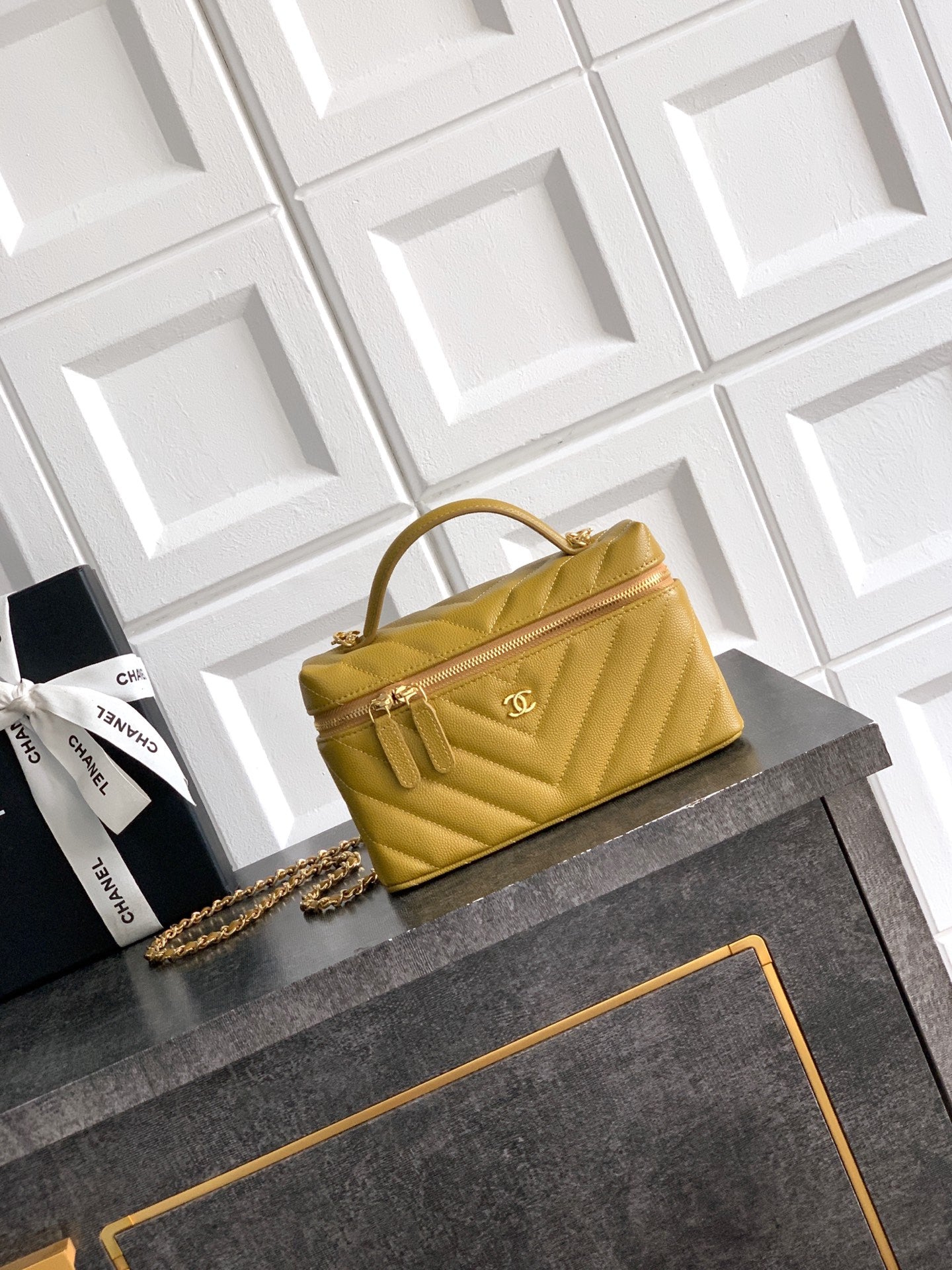 Chanel 26P Lunchbox Vanity Bag — Olive Green Caviar Leather with Antique Gold Hardware
