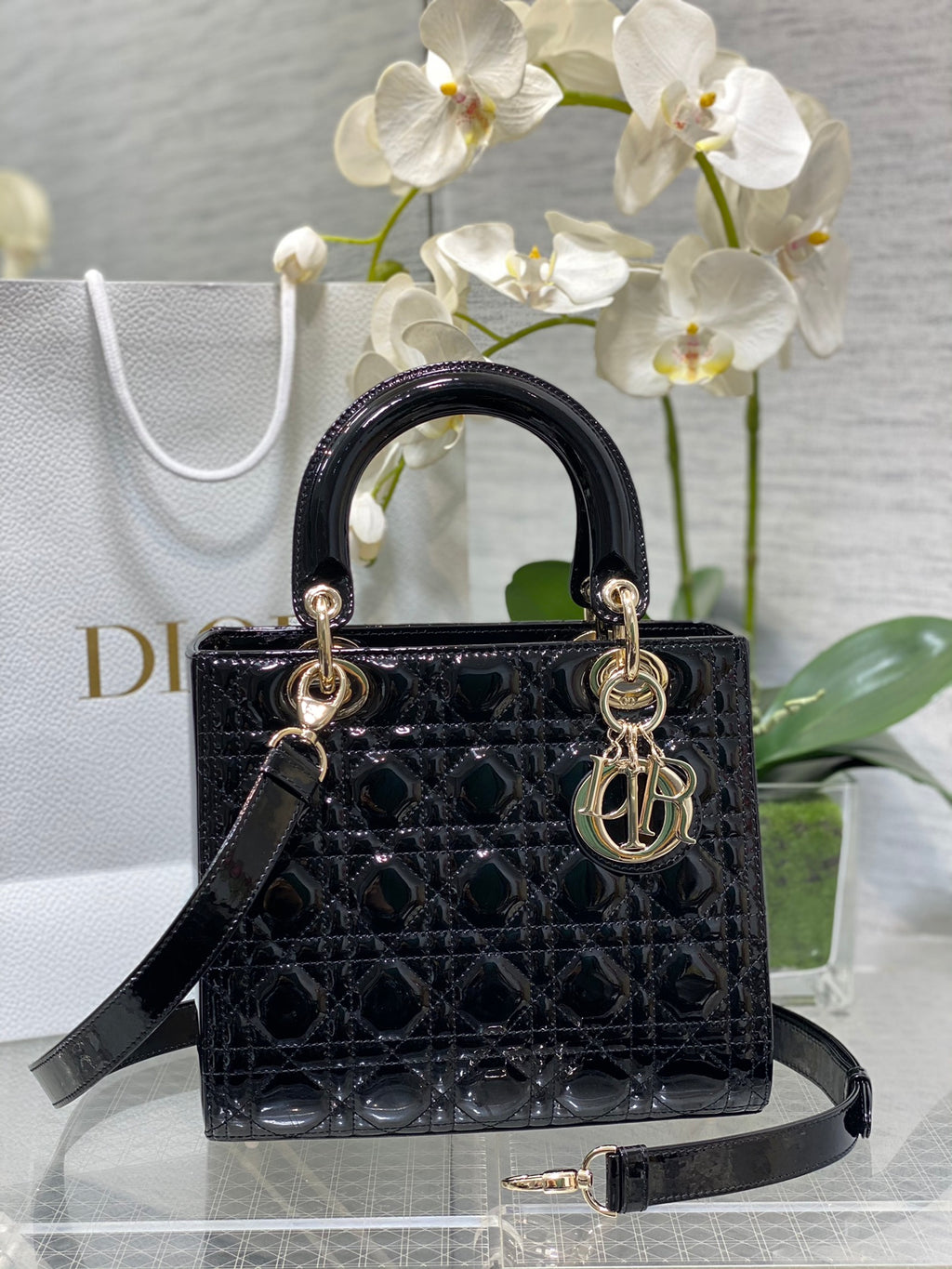 Lady Dior Five-Compartment Bag — Black Patent Leather with Light Gold Hardware