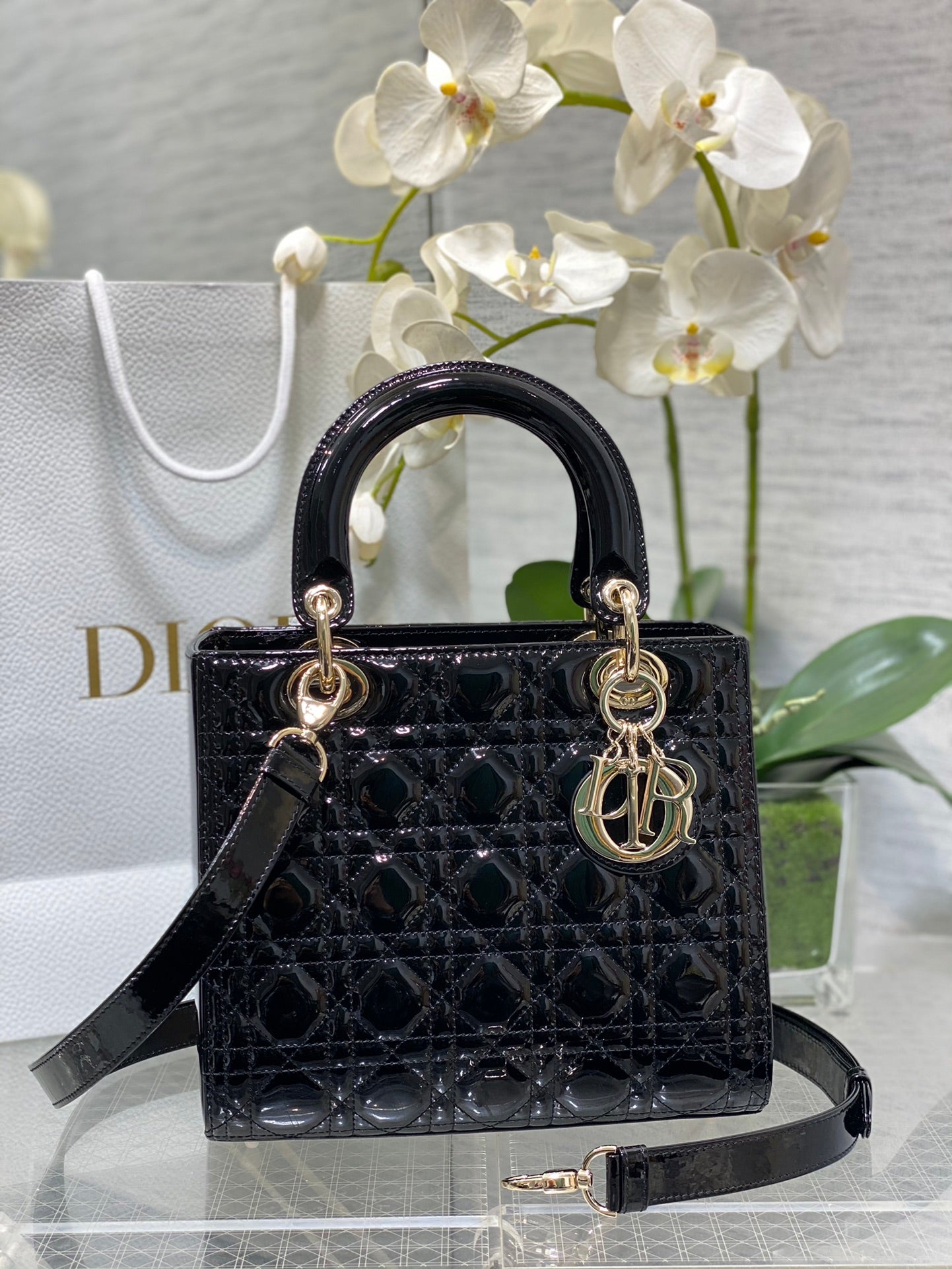 Lady Dior Five-Compartment Bag — Black Patent Leather with Light Gold Hardware