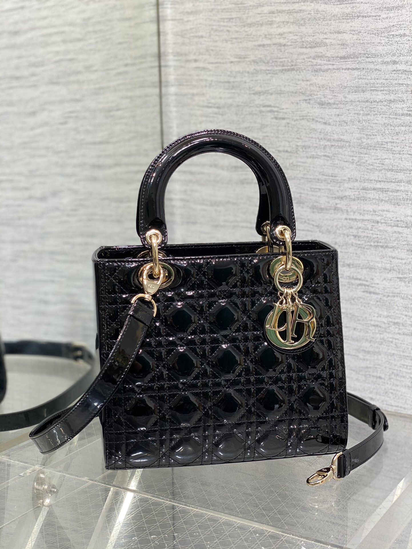Lady Dior Five-Compartment Bag — Black Patent Leather with Light Gold Hardware