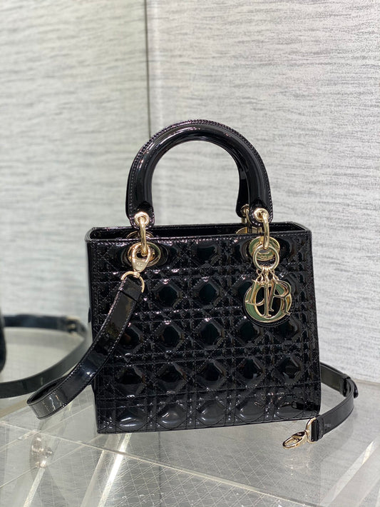 Lady Dior Five-Compartment Bag — Black Patent Leather with Light Gold Hardware