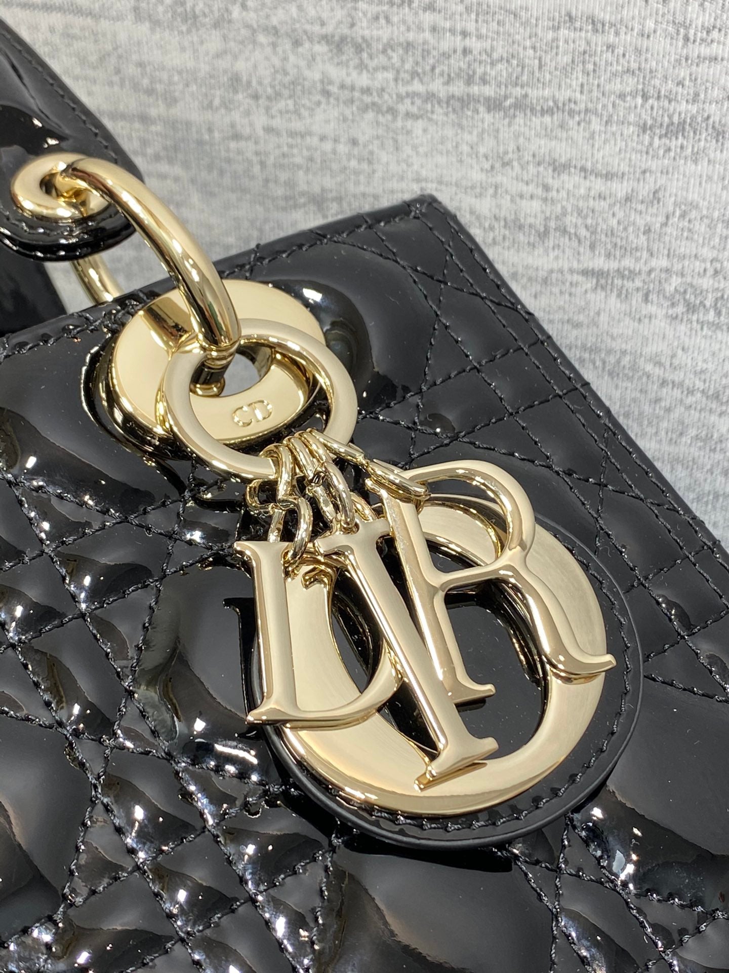 Lady Dior Five-Compartment Bag — Black Patent Leather with Light Gold Hardware