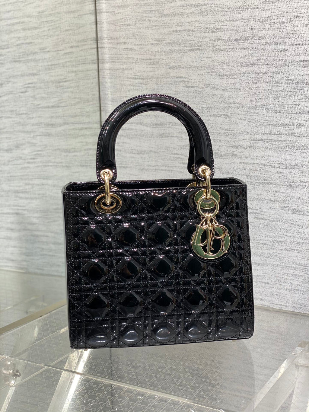 Lady Dior Five-Compartment Bag — Black Patent Leather with Light Gold Hardware