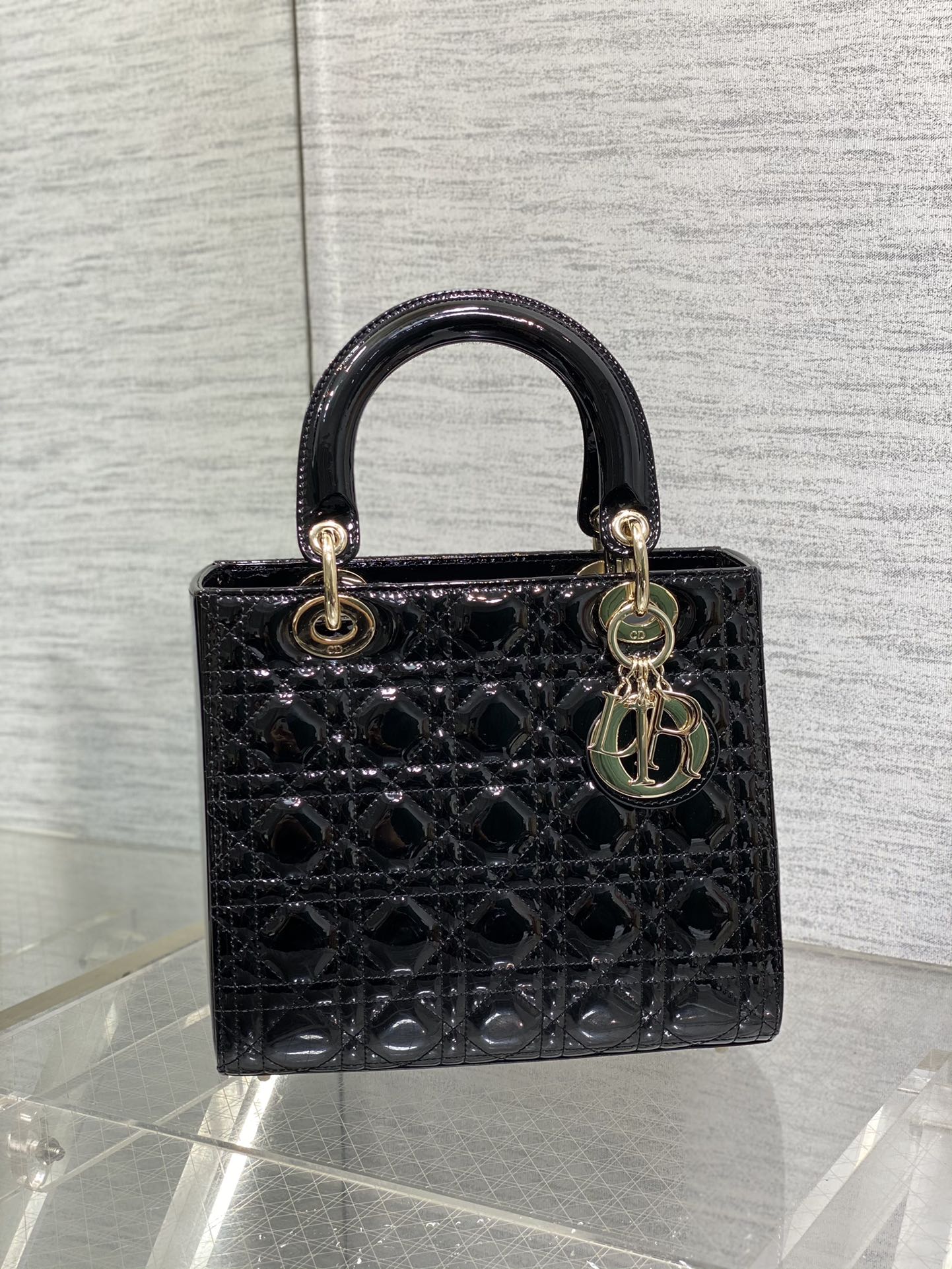 Lady Dior Five-Compartment Bag — Black Patent Leather with Light Gold Hardware