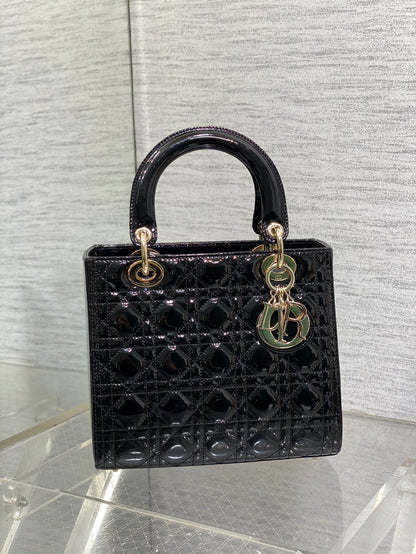 Lady Dior Five-Compartment Bag — Black Patent Leather with Light Gold Hardware