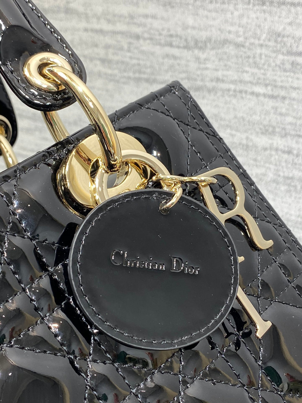 Lady Dior Five-Compartment Bag — Black Patent Leather with Light Gold Hardware