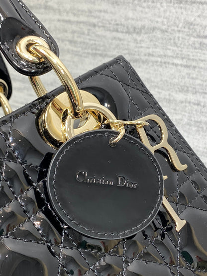 Lady Dior Five-Compartment Bag — Black Patent Leather with Light Gold Hardware