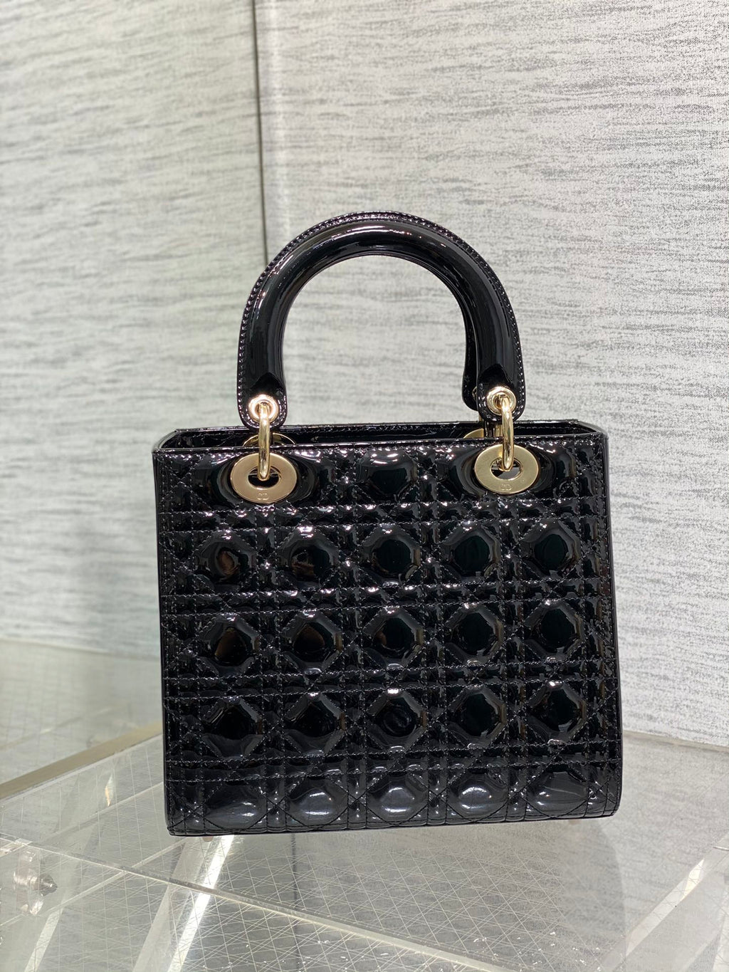 Lady Dior Five-Compartment Bag — Black Patent Leather with Light Gold Hardware