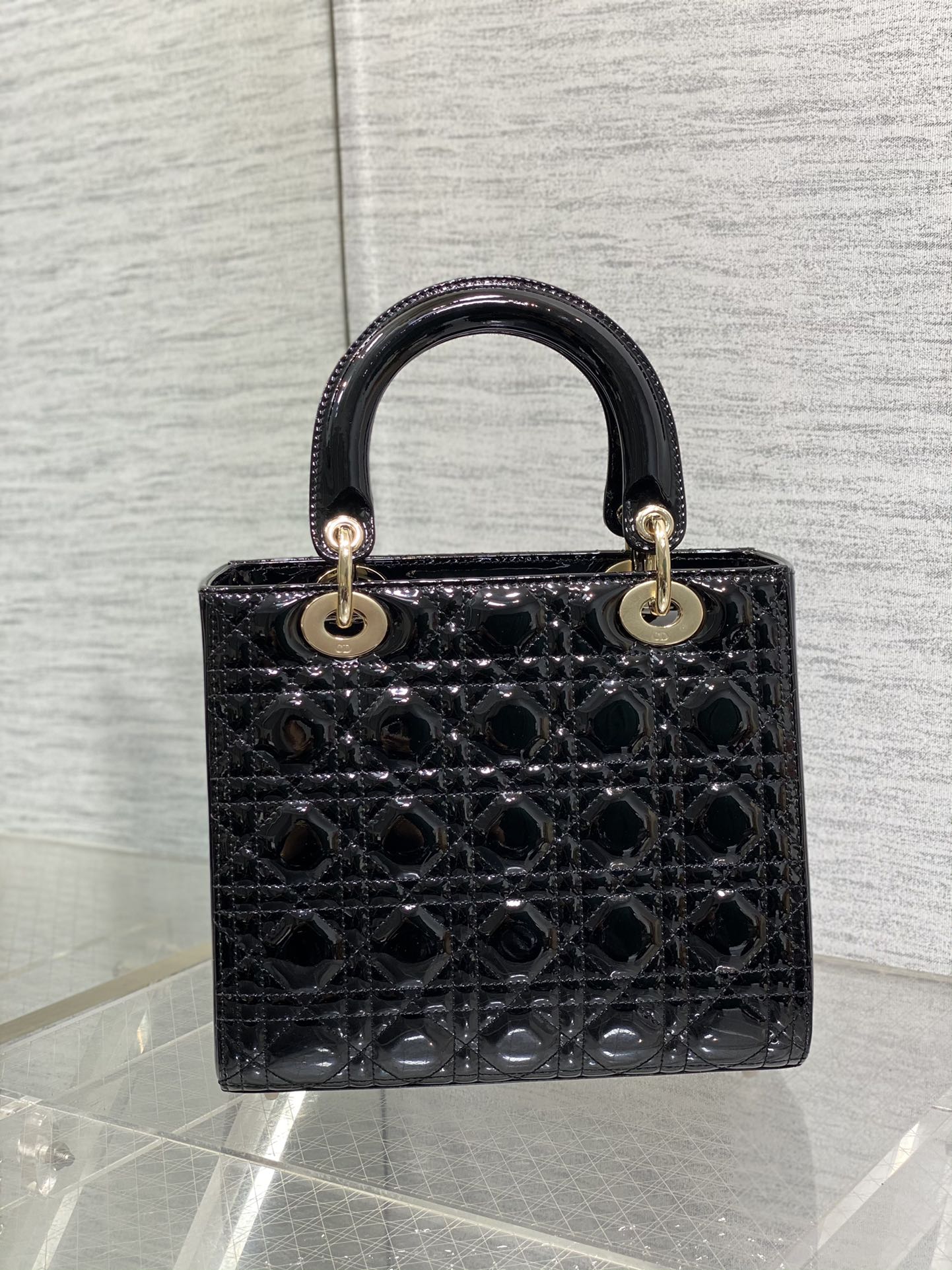 Lady Dior Five-Compartment Bag — Black Patent Leather with Light Gold Hardware