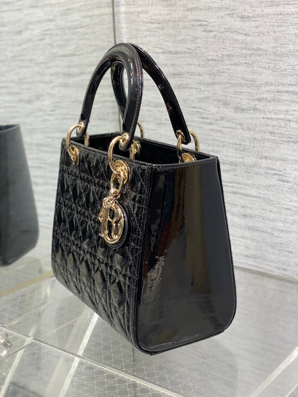 Lady Dior Five-Compartment Bag — Black Patent Leather with Light Gold Hardware