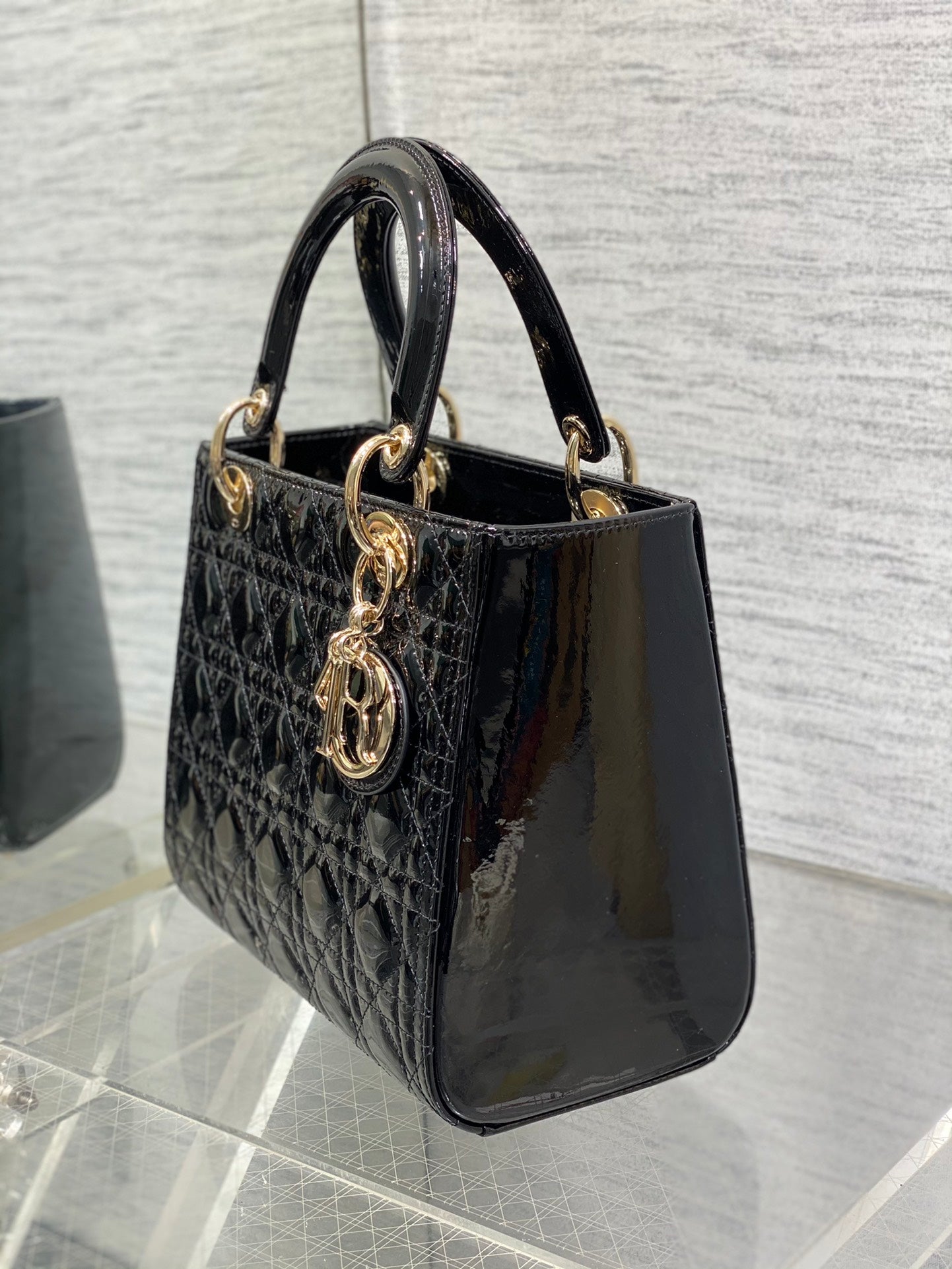 Lady Dior Five-Compartment Bag — Black Patent Leather with Light Gold Hardware