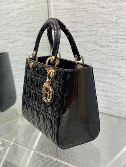 Lady Dior Five-Compartment Bag — Black Patent Leather with Light Gold Hardware