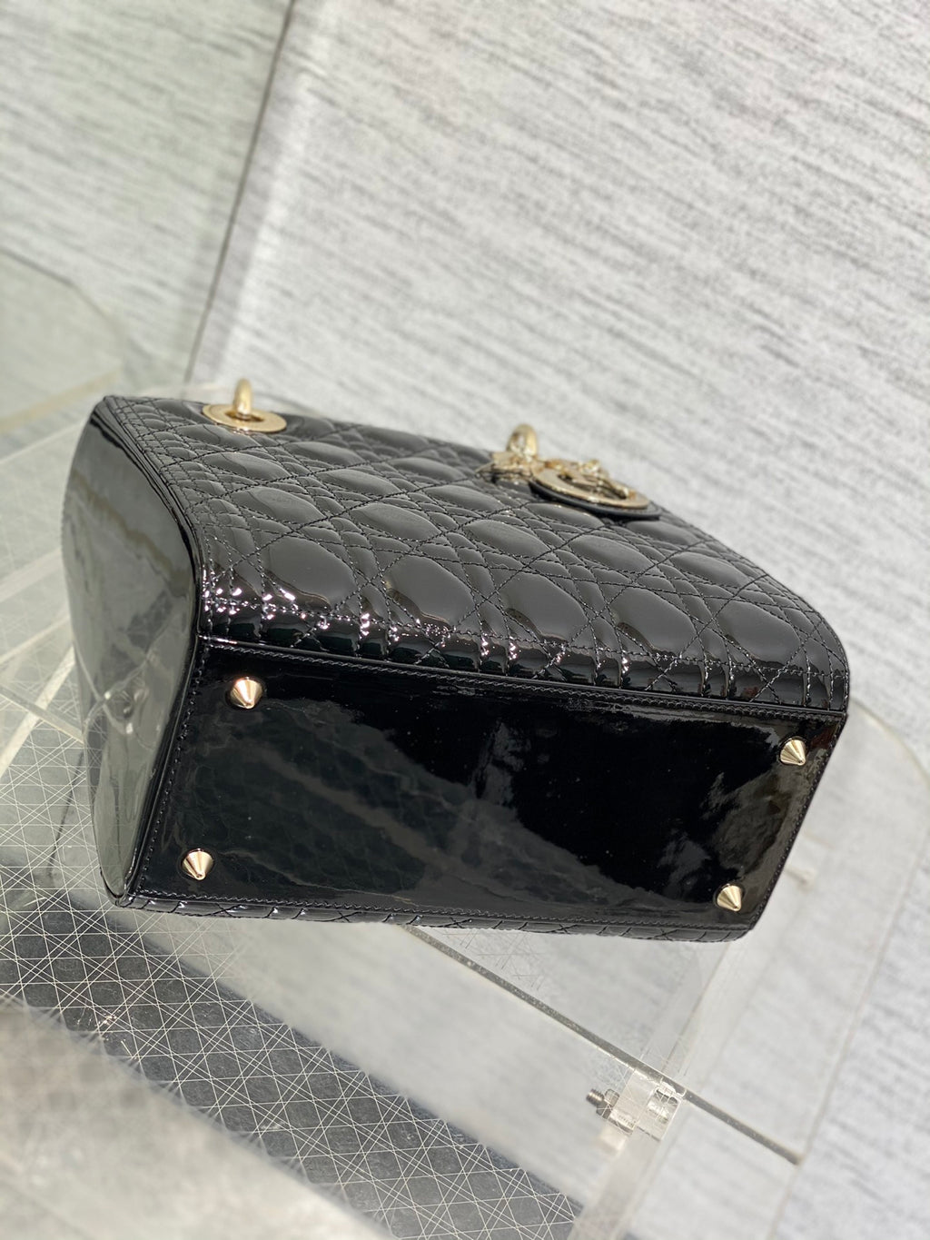 Lady Dior Five-Compartment Bag — Black Patent Leather with Light Gold Hardware