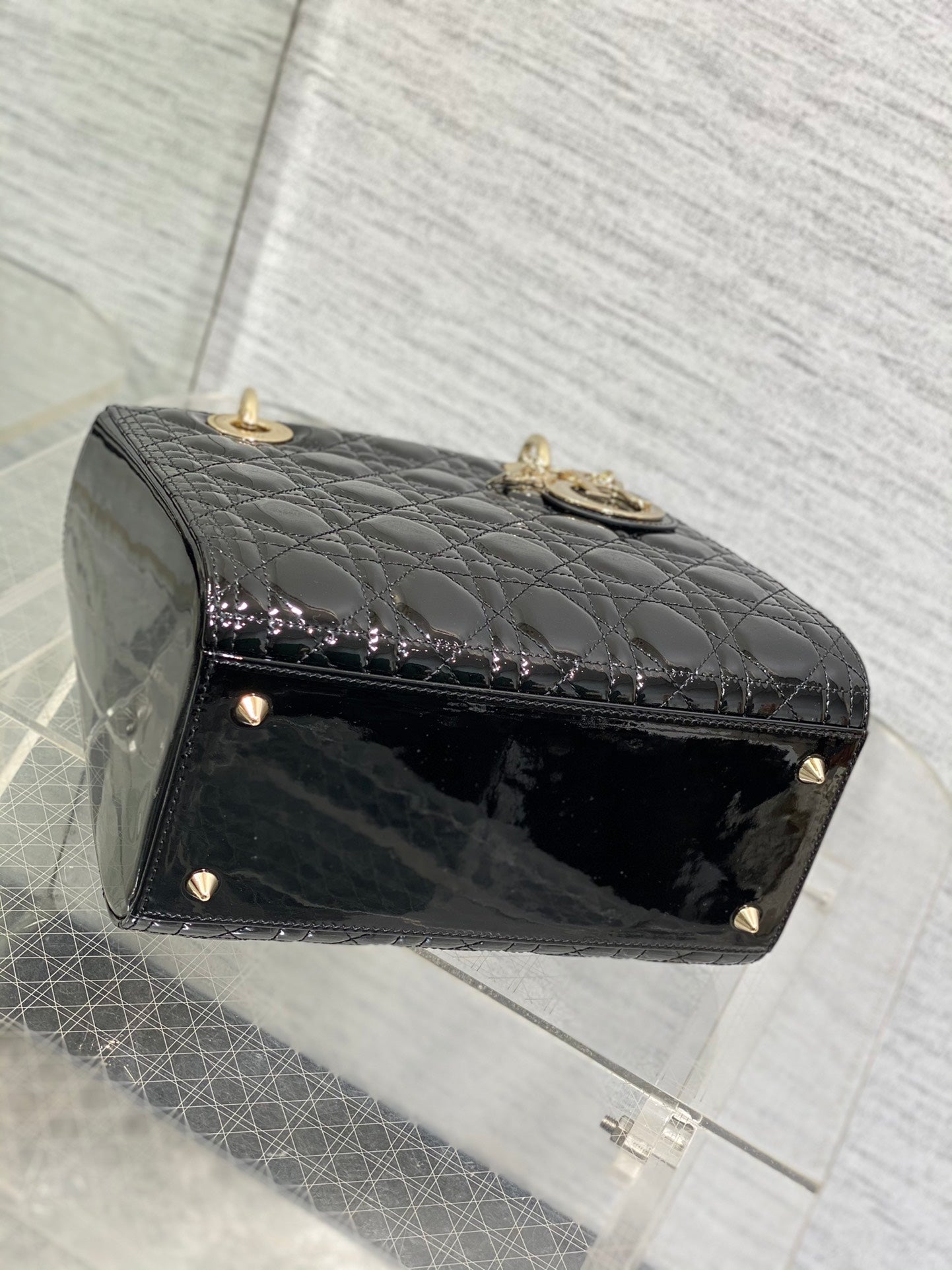Lady Dior Five-Compartment Bag — Black Patent Leather with Light Gold Hardware
