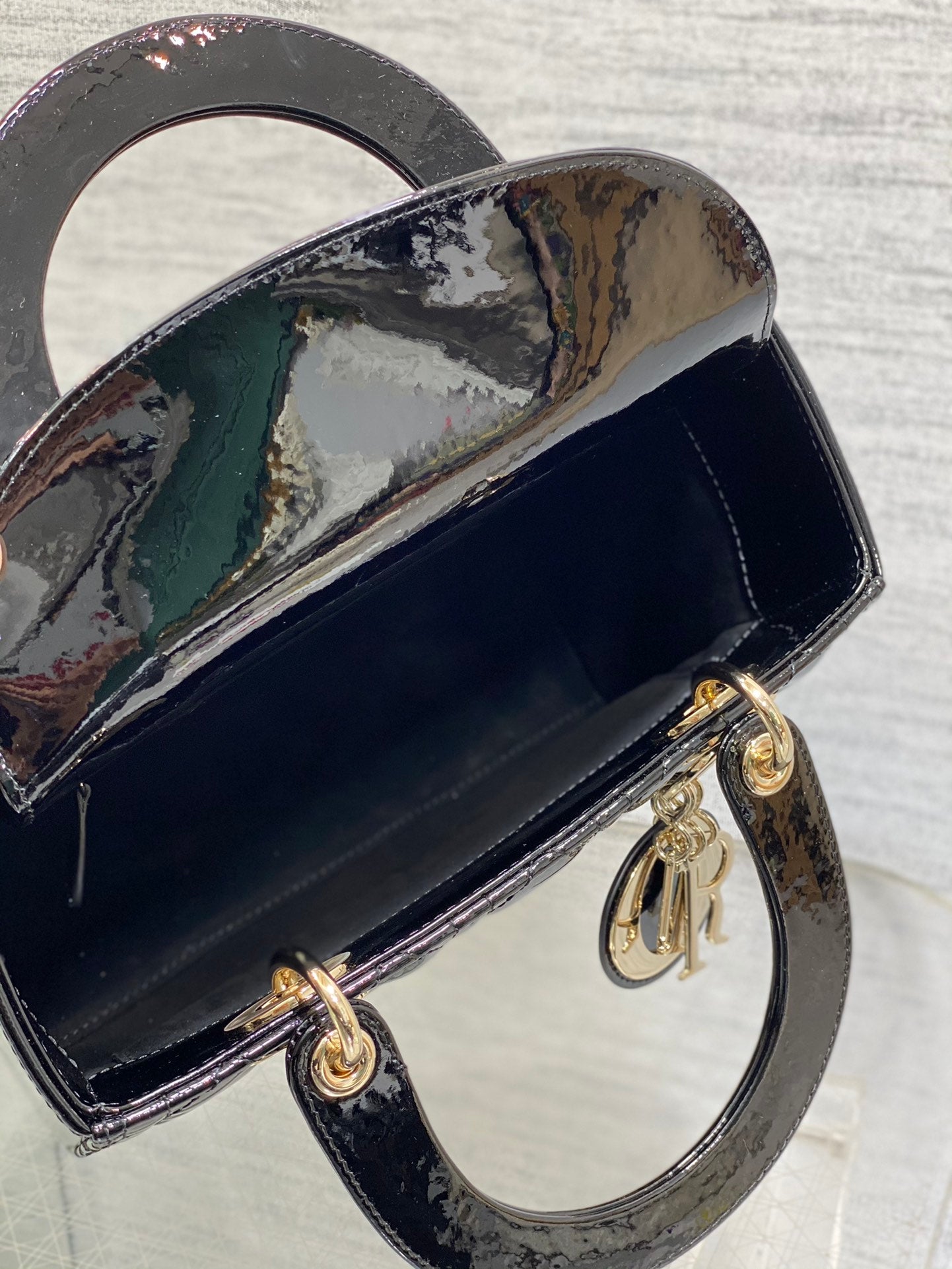 Lady Dior Five-Compartment Bag — Black Patent Leather with Light Gold Hardware
