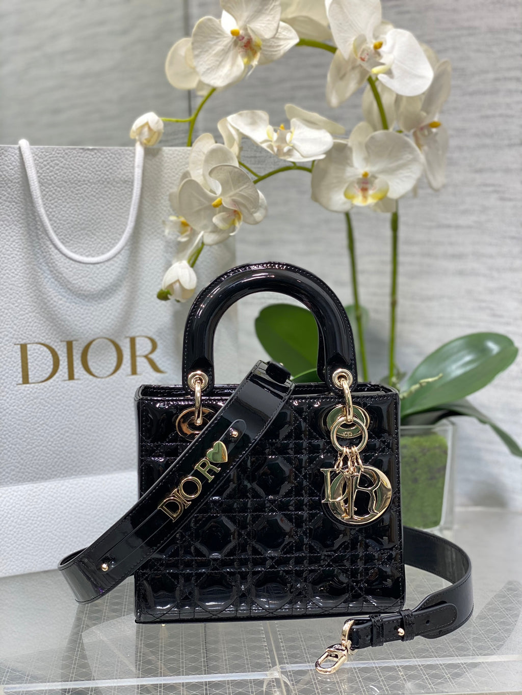Lady Dior Four-Compartment Bag — Black Patent Leather with Light Gold Hardware