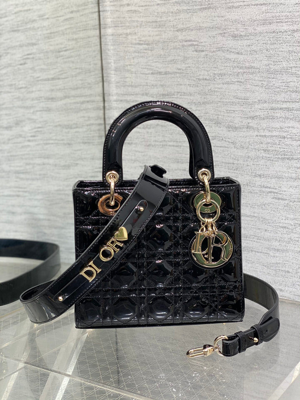 Lady Dior Four-Compartment Bag — Black Patent Leather with Light Gold Hardware