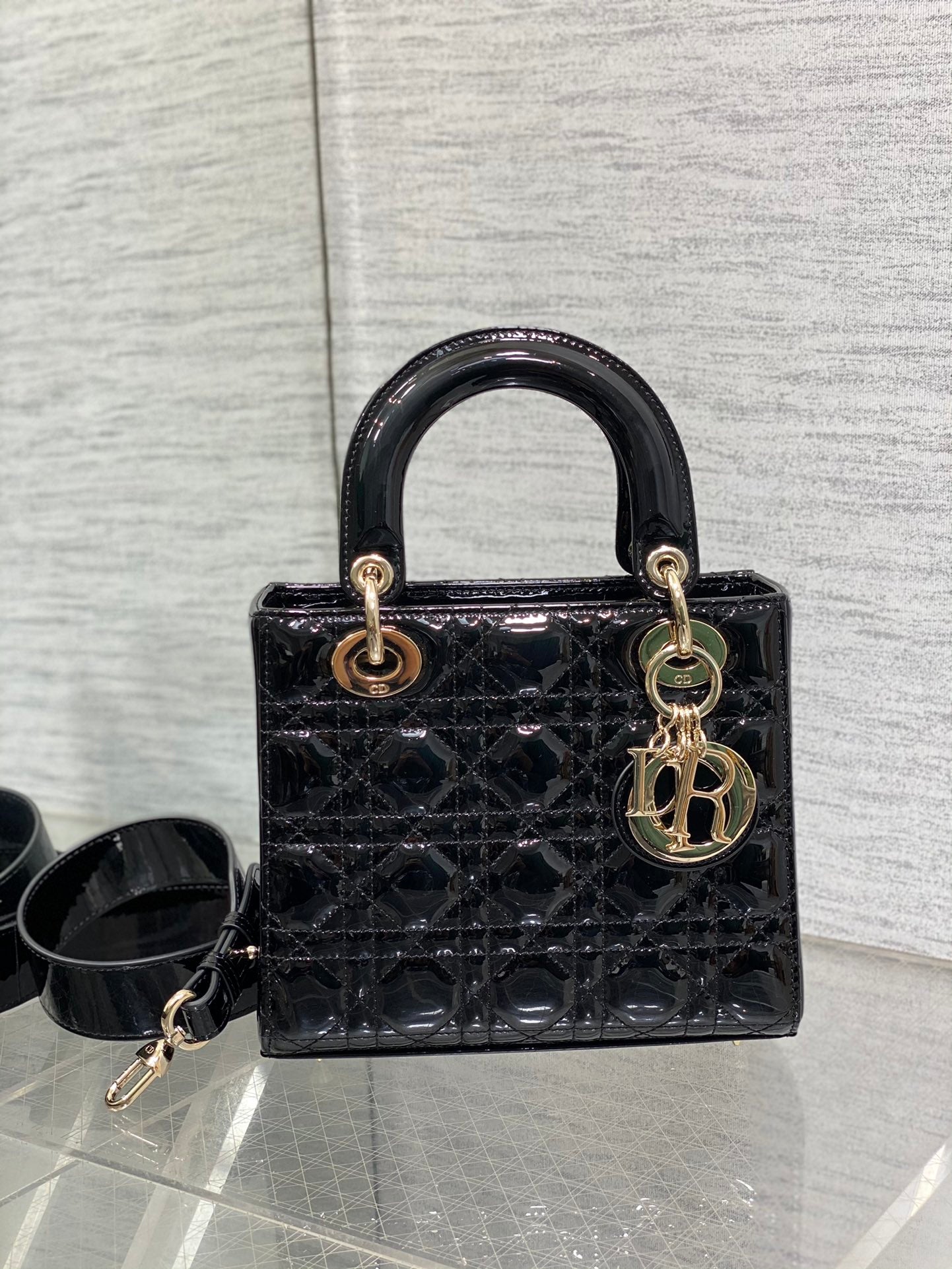 Lady Dior Four-Compartment Bag — Black Patent Leather with Light Gold Hardware