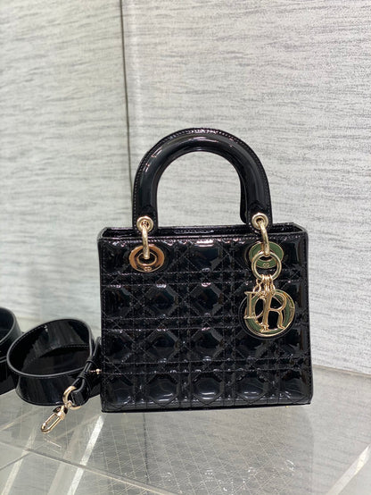 Lady Dior Four-Compartment Bag — Black Patent Leather with Light Gold Hardware
