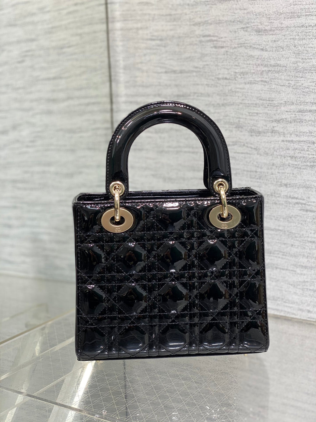 Lady Dior Four-Compartment Bag — Black Patent Leather with Light Gold Hardware