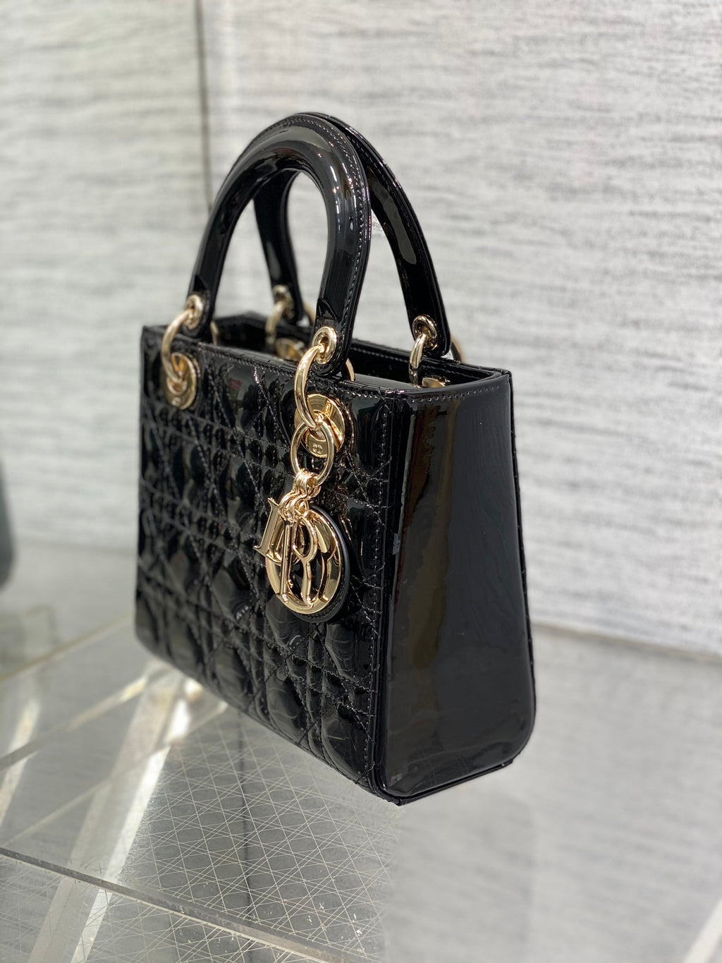 Lady Dior Four-Compartment Bag — Black Patent Leather with Light Gold Hardware