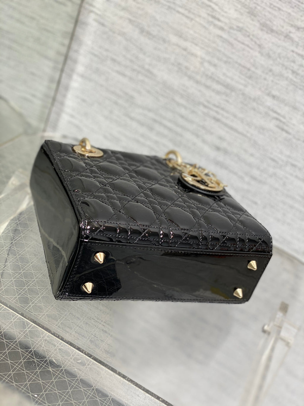 Lady Dior Four-Compartment Bag — Black Patent Leather with Light Gold Hardware