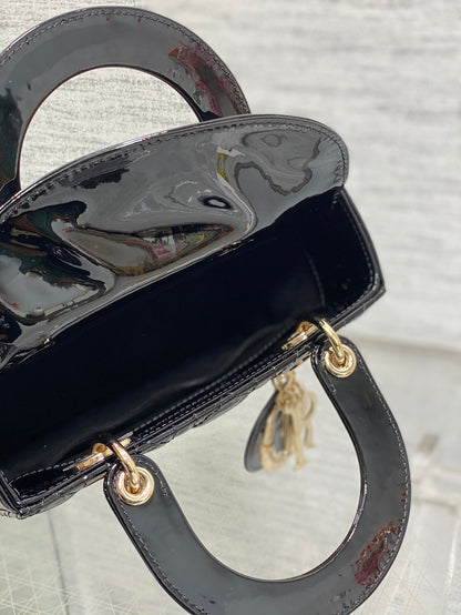 Lady Dior Four-Compartment Bag — Black Patent Leather with Light Gold Hardware