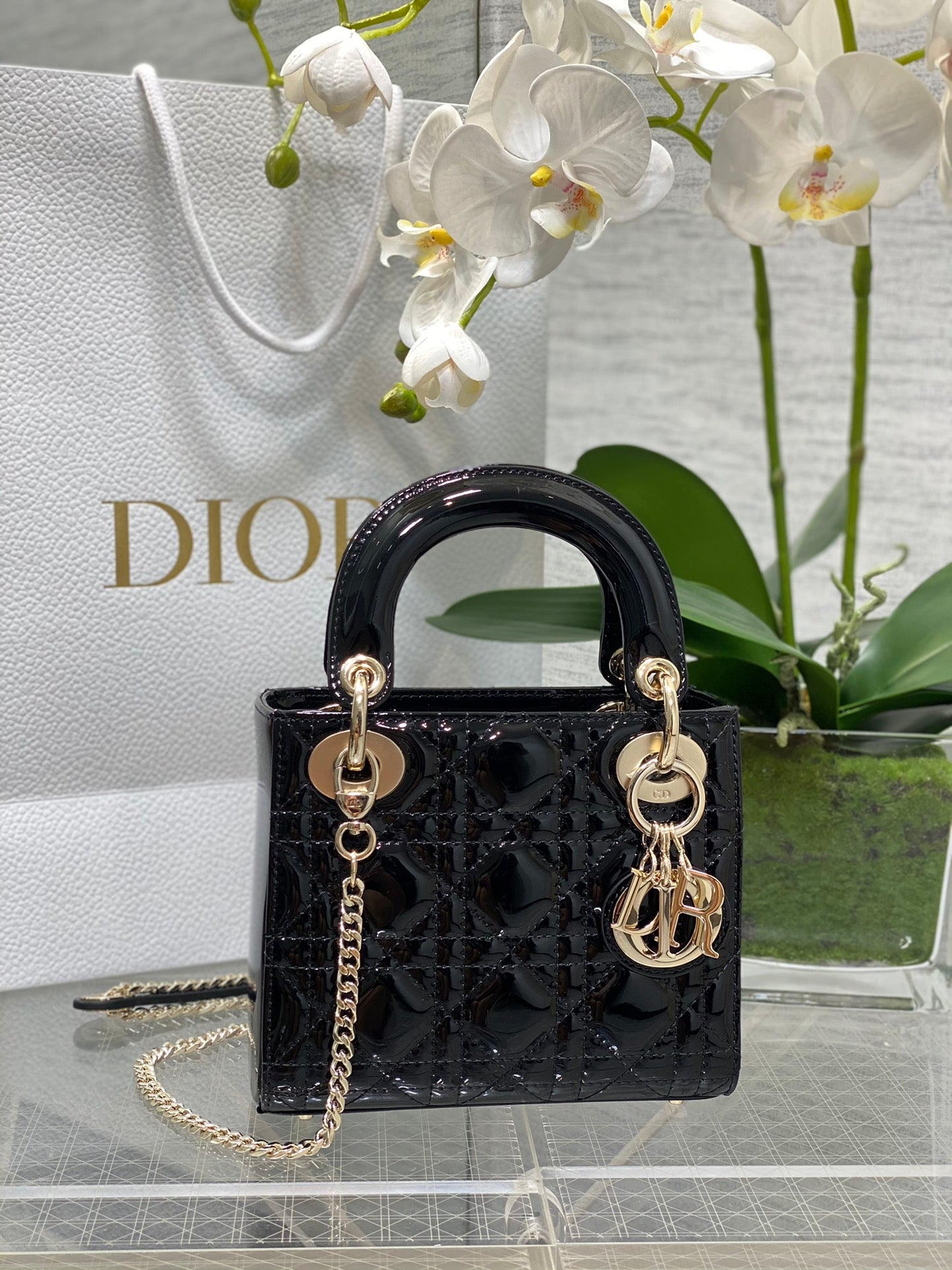 Lady Dior Three-Compartment Bag — Black Patent Leather with Light Gold Hardware