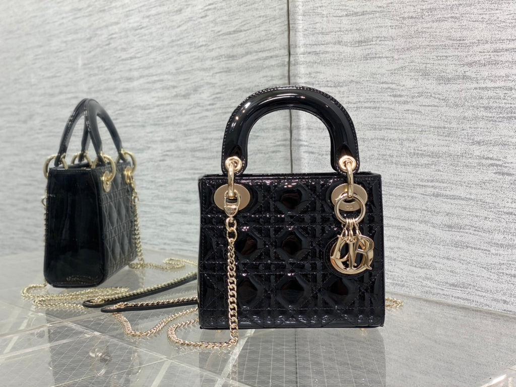 Lady Dior Three-Compartment Bag — Black Patent Leather with Light Gold Hardware
