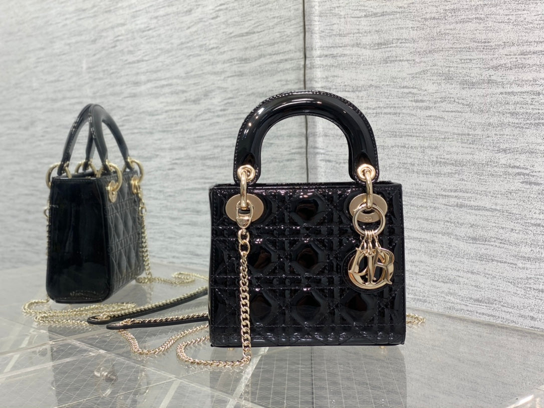 Lady Dior Three-Compartment Bag — Black Patent Leather with Light Gold Hardware