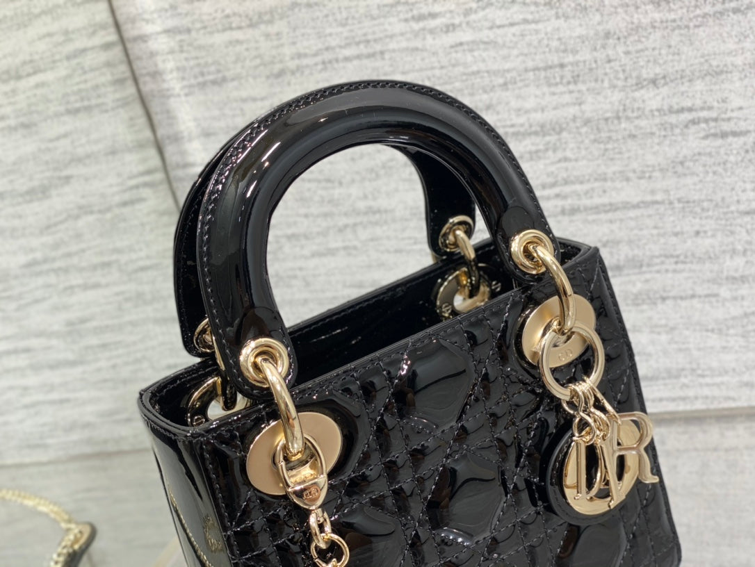 Lady Dior Three-Compartment Bag — Black Patent Leather with Light Gold Hardware