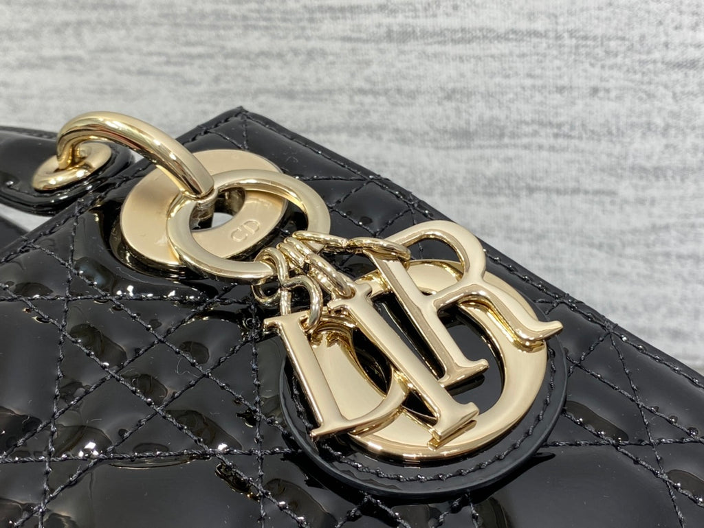 Lady Dior Three-Compartment Bag — Black Patent Leather with Light Gold Hardware
