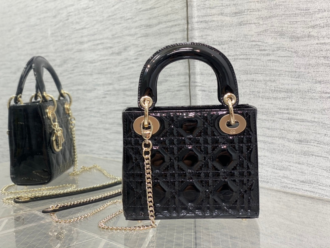 Lady Dior Three-Compartment Bag — Black Patent Leather with Light Gold Hardware