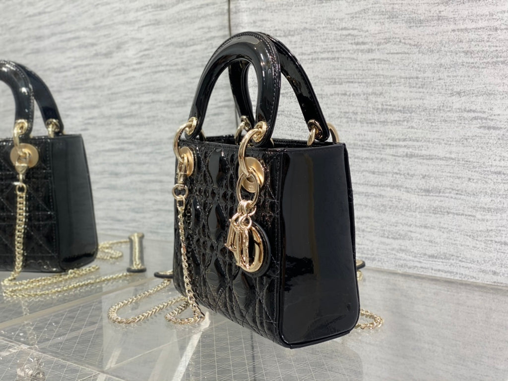 Lady Dior Three-Compartment Bag — Black Patent Leather with Light Gold Hardware