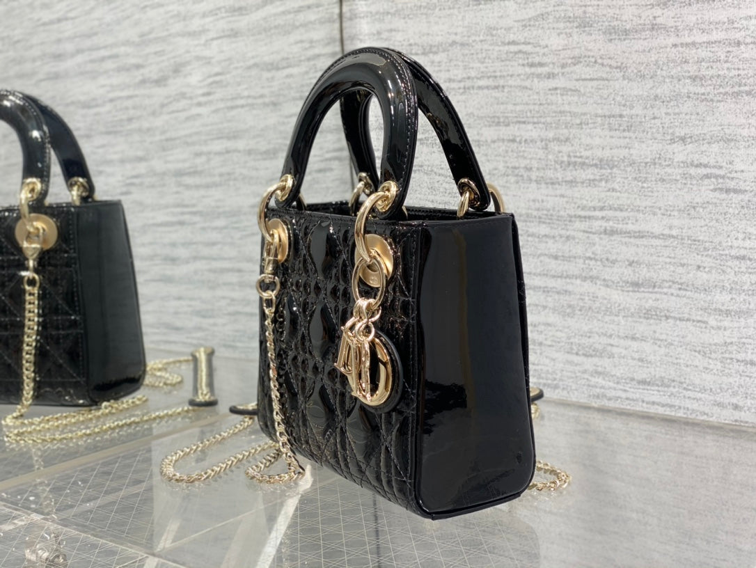 Lady Dior Three-Compartment Bag — Black Patent Leather with Light Gold Hardware
