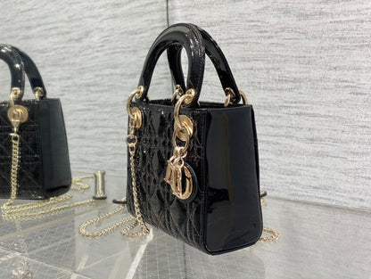 Lady Dior Three-Compartment Bag — Black Patent Leather with Light Gold Hardware
