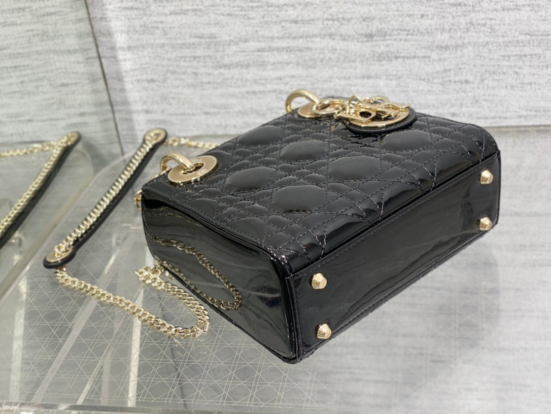 Lady Dior Three-Compartment Bag — Black Patent Leather with Light Gold Hardware