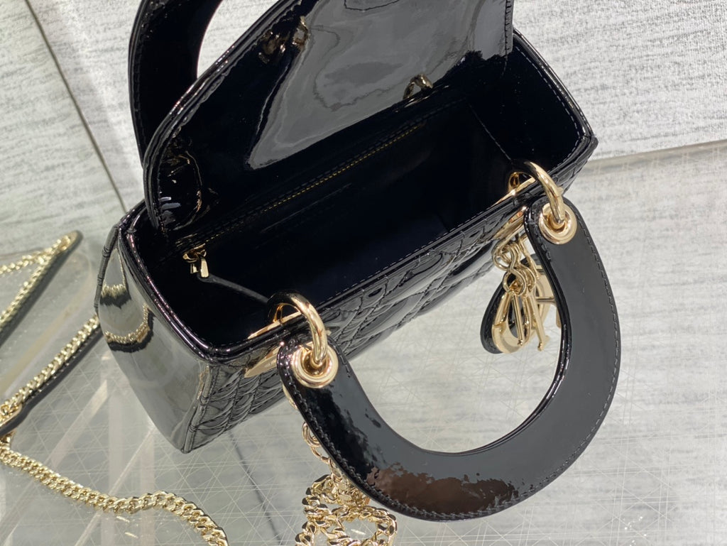 Lady Dior Three-Compartment Bag — Black Patent Leather with Light Gold Hardware