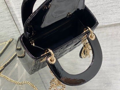 Lady Dior Three-Compartment Bag — Black Patent Leather with Light Gold Hardware