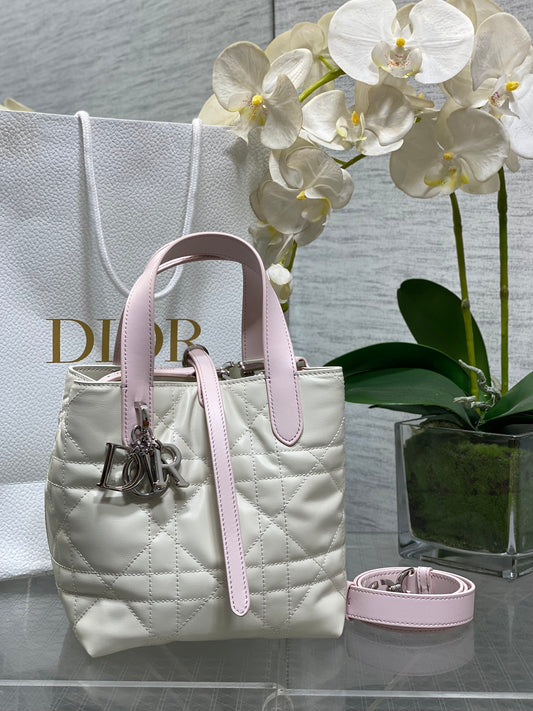 Toujours Vertical Small Bag — Pink & White with Silver Hardware
