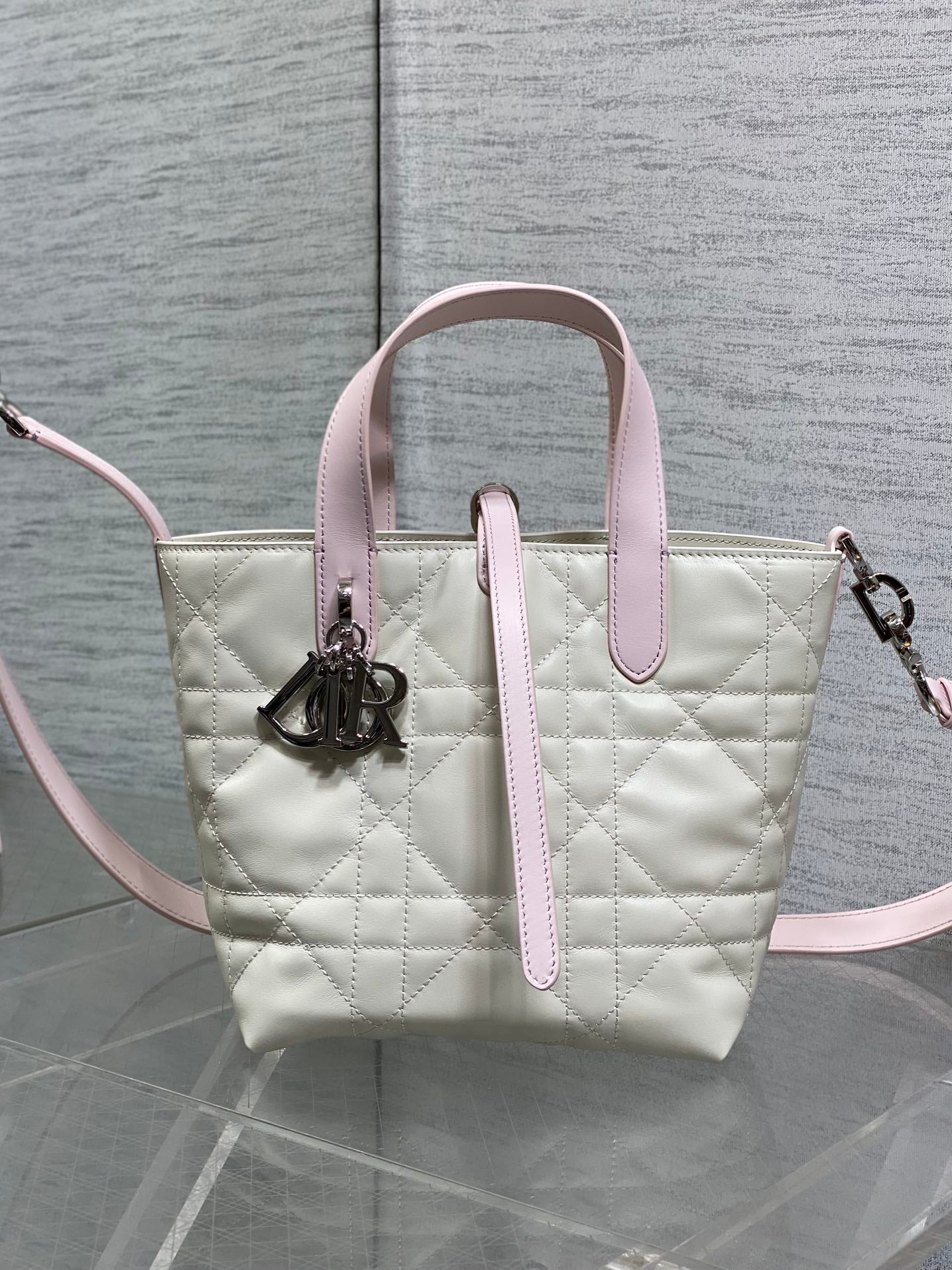 Toujours Vertical Small Bag — Pink & White with Silver Hardware