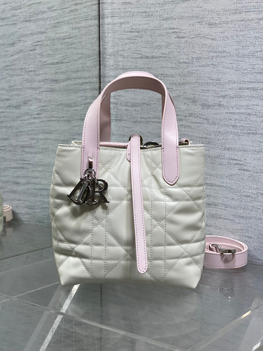 Toujours Vertical Small Bag — Pink & White with Silver Hardware