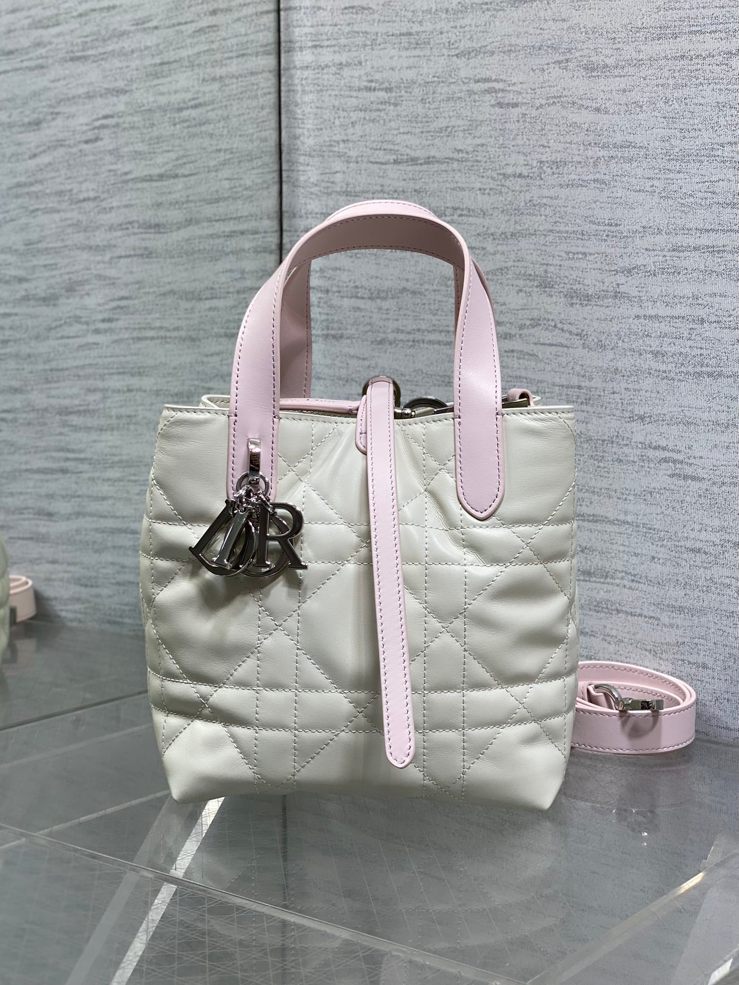 Toujours Vertical Small Bag — Pink & White with Silver Hardware