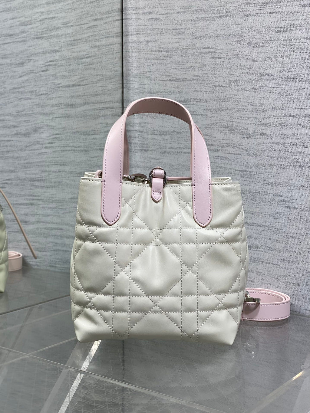 Toujours Vertical Small Bag — Pink & White with Silver Hardware