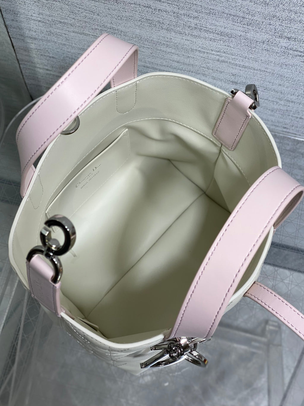 Toujours Vertical Small Bag — Pink & White with Silver Hardware