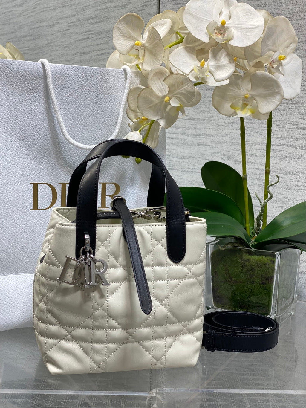 Toujours Vertical Small Bag — White & Black with Silver Hardware